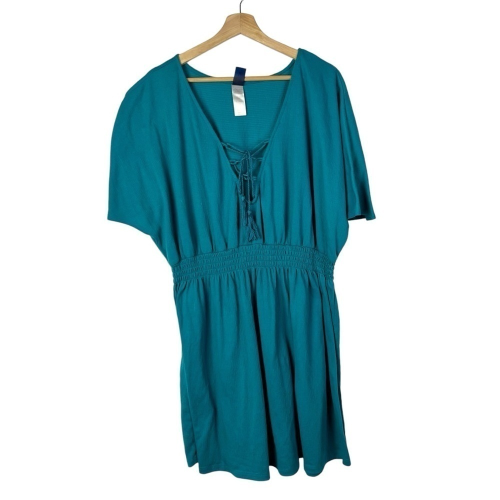 Swimsuits For All Teal Blue Lace Up Short Sleeve Smocked Waist Swim Cover Up 22